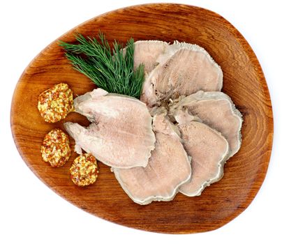 Delicious Boiled Beef Tongue Sliced with Whole Grain Mustard and Dill on Wooden Plate isolated on white background