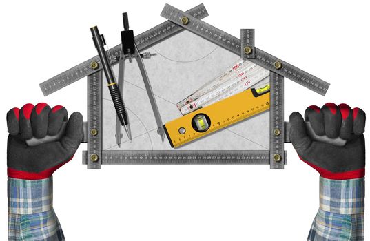 Two hands holding a metal meter ruler in the shape of house with a pencil, drawing compass and a spirit level on a white paper. Concept of house project 