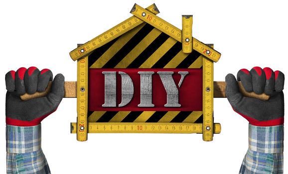 Two hands with work gloves holding a yellow wooden meter ruler in the shape of house with text Diy (Do it yourself). Isolated on white background