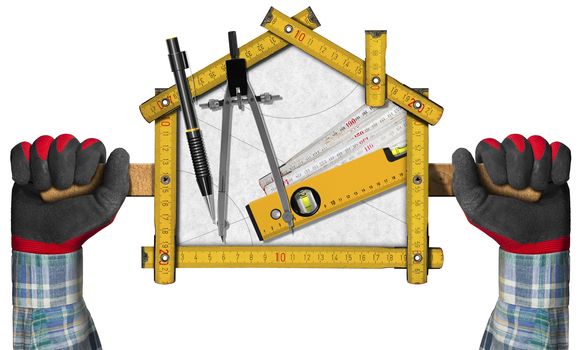 Two hands holding a wooden meter ruler in the shape of house with a pencil, drawing compass and a spirit level on a white paper. Concept of house project 