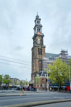 Amsterdam, Netherlands - May 6, 2015: People at Westerkerk (Western Church) a Dutch Protestant church in Amsterdam, Netherlands. on May 6, 2015.