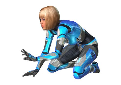 3D digital render of a female cyborg isolated on white background