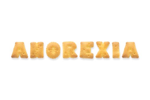 Collage of the character word ANOREXIA. Alphabet cookie cracker isolated on white background