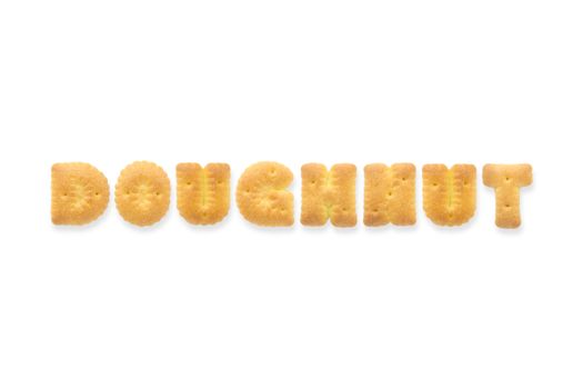 Collage of the character word DOUGHNUT. Alphabet cookie cracker isolated on white background
