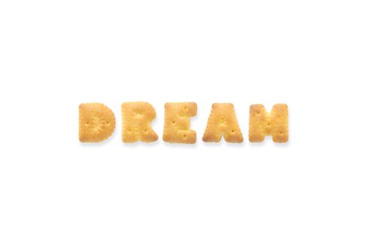 Collage of the capital  letter word DREAM. Alphabet cookie biscuits isolated on white background
