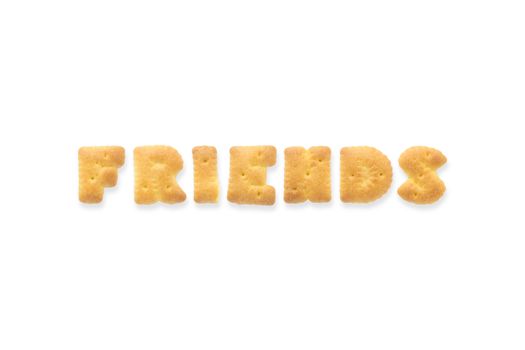 Collage of text word FRIENDS. Alphabet biscuit cracker isolated on white background