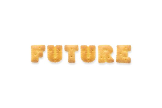 Collage of the capital letters word FUTURE . Alphabet cookie biscuits isolated on white background