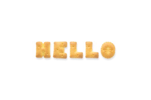 Collage of the uppercase letter-word HELLO. Alphabet cookie biscuits isolated on white background