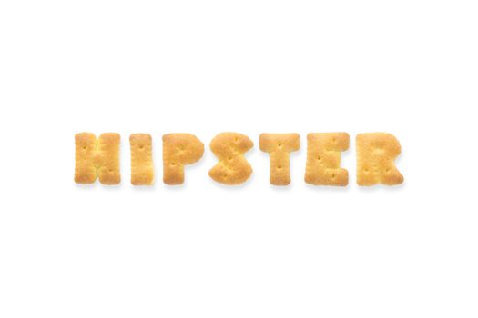 Collage of the capital  letter word HIPSTER. Alphabet cookie biscuits isolated on white background
