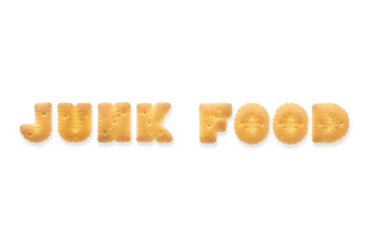 Collage of the character word JUNK FOOD. Alphabet cookie cracker isolated on white background