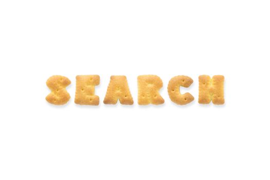Collage of text word SEARCH. Alphabet biscuit cracker isolated on white background