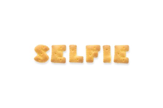Collage of the uppercase letter-word SELFIE. Alphabet cookie biscuits isolated on white background