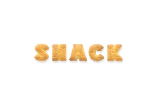 Collage of the character word SNACK. Alphabet cookie cracker isolated on white background