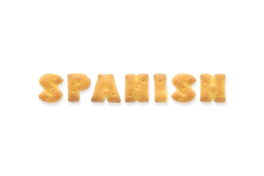 Collage of the character word SPANISH. Alphabet cookie cracker isolated on white background