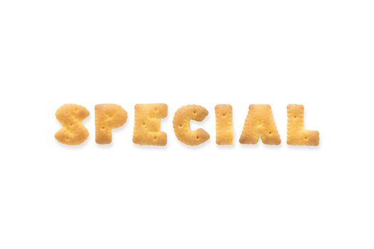 Collage of the uppercase letter-word SPECIAL. Alphabet cookie biscuits isolated on white background