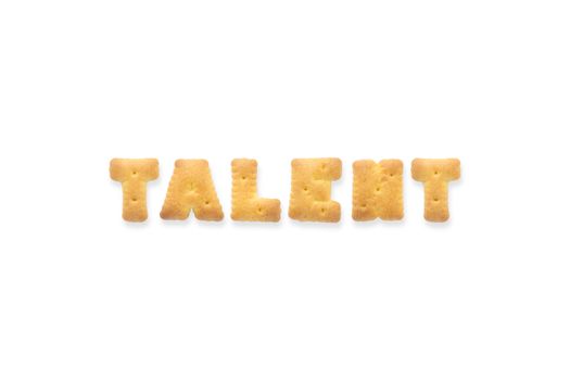 Collage of the capital letters word TALENT. Alphabet cookie biscuits isolated on white background