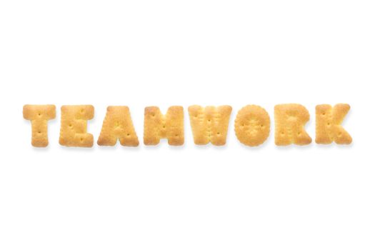 Collage of the capital letters word TEAMWORK. Alphabet cookie biscuits isolated on white background