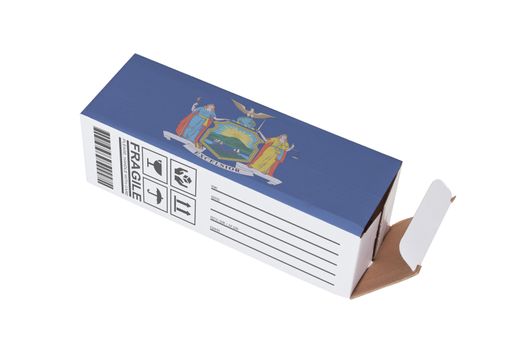 Concept of export, opened paper box - Product of New York