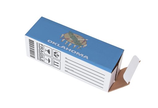 Concept of export, opened paper box - Product of Oklahoma