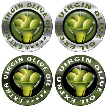 Collections of four round icons or symbol with green olives and oil, text Extra virgin olive oil and five stars. Isolated on white background