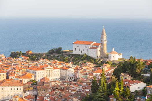 St. George's Parish Church in picturesque old town Piran, Slovenia. Senic panoramic view.