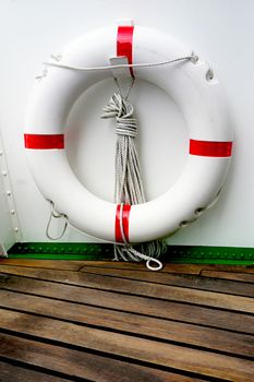 Boat deck swim ring close up for safety