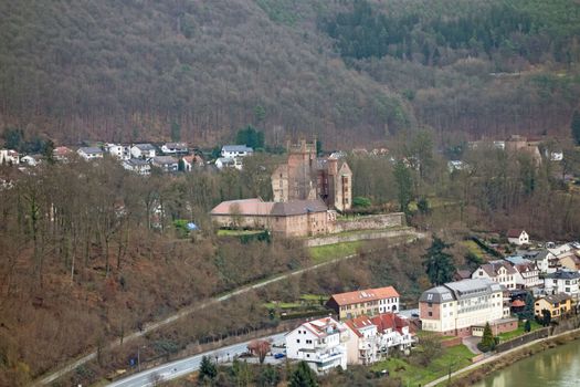 Neckarsteinach, Germany - January 26, 2014: View of the castle ruin named Vorderburg in the village of Neckarsteinach near the river Neckar