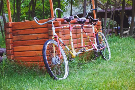 Bicycles for two passengers, the tandem on the green grass