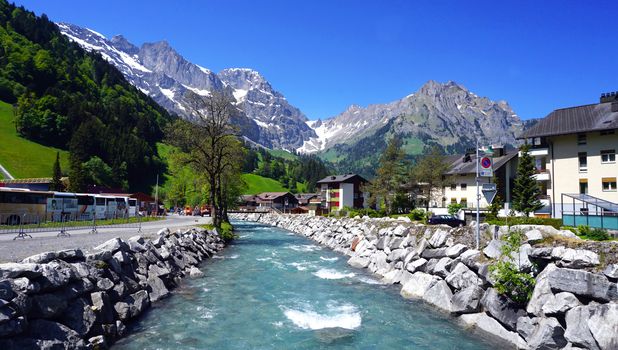 River and  titlis mountains  Engelberg, Switzerland