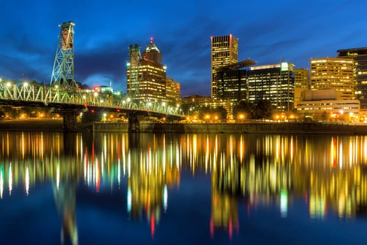 Hawthorne Bridge Over Willamette River in Portland Oregon during Evening Blue Hour