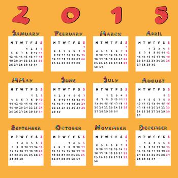 
Graphic illustration of a full calendar of the year 2015 with original hand drawn text and decorated capital letters for kids
