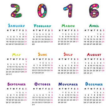 Graphic illustration of a full calendar of the year 2016 with original hand drawn text and decorated capital letters for kids
