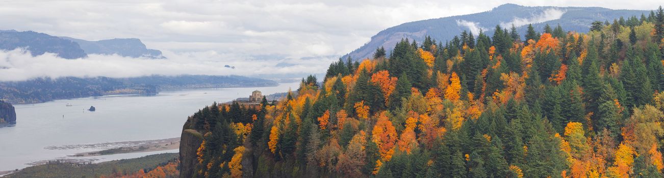 Vista House on Crown Point Along Columbia River Gorge Oregon in Fall Season Panorama