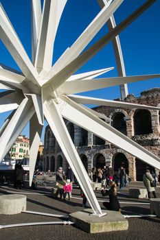 VERONA, ITALY - CIRCA DECEMBER 2014: The City installs for Christmas in the central square a huge white comet circa december 2014. An act appreciated by locals and tourists.