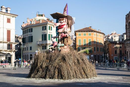 VERONA, ITALY - JANUARY 6: witch at the stake. Traditional annual bonfire in the square called Bra Sunday, January 6, 2015.