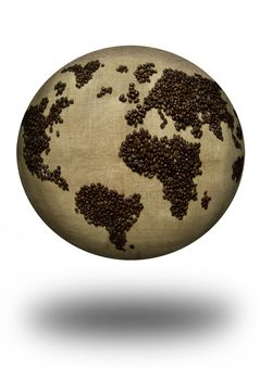 Globe atlas map made from coffee beans over a white background