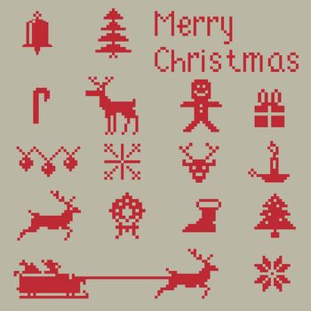 Christmas pixel style icons set, winter pattern pixels.