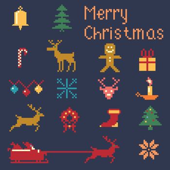 Christmas pixel style icons set, winter pattern pixels.