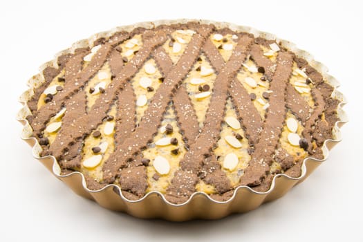 freshly baked cocoa tart with ricotta cheese and chocolate