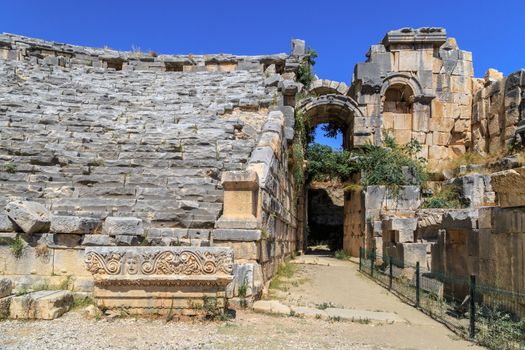 View of famous Lycian Myra Ancient City, on bright blue sky background.