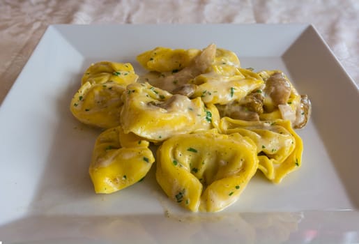 Italian pasta "Tortelloni" with mushrooms (Porcini) ,cream ,parmesan and herbs,served on white dish at restaurant.