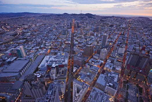 an aerial view of san francisco during sunset