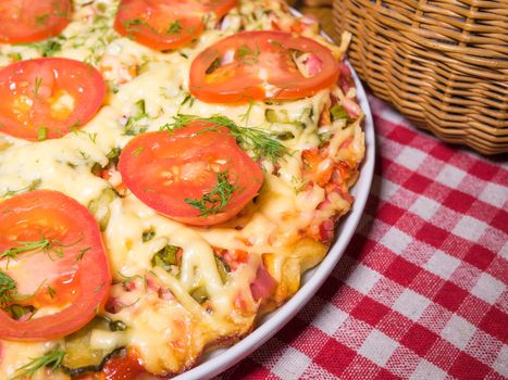 Italian pizza with meat, tomatoes ,dill and double cheese