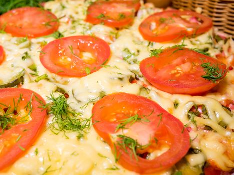 Italian pizza with meat, tomatoes ,dill and double cheese