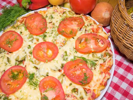 Italian pizza with meat, tomatoes ,dill and double cheese