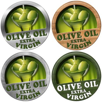 Collections of icons or symbol with green olives and oil, text Olive oil and Extra virgin. Isolated on white background