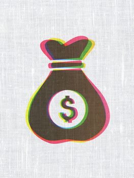 Business concept: CMYK Money Bag on linen fabric texture background