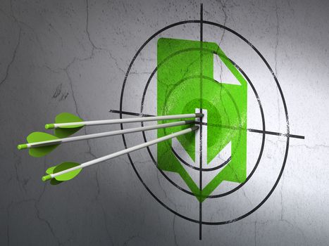 Success web design concept: arrows hitting the center of Green Download target on wall background