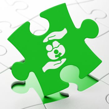 Insurance concept: Family And Palm on Green puzzle pieces background, 3d render