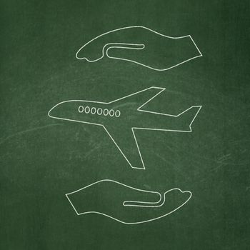 Insurance concept: Airplane And Palm icon on Green chalkboard background